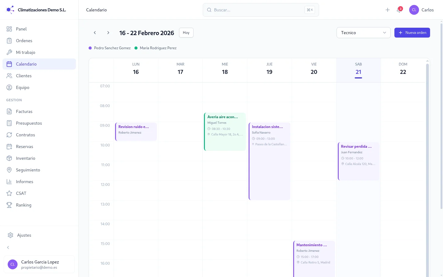 Calendario semanal con ordenes de trabajo