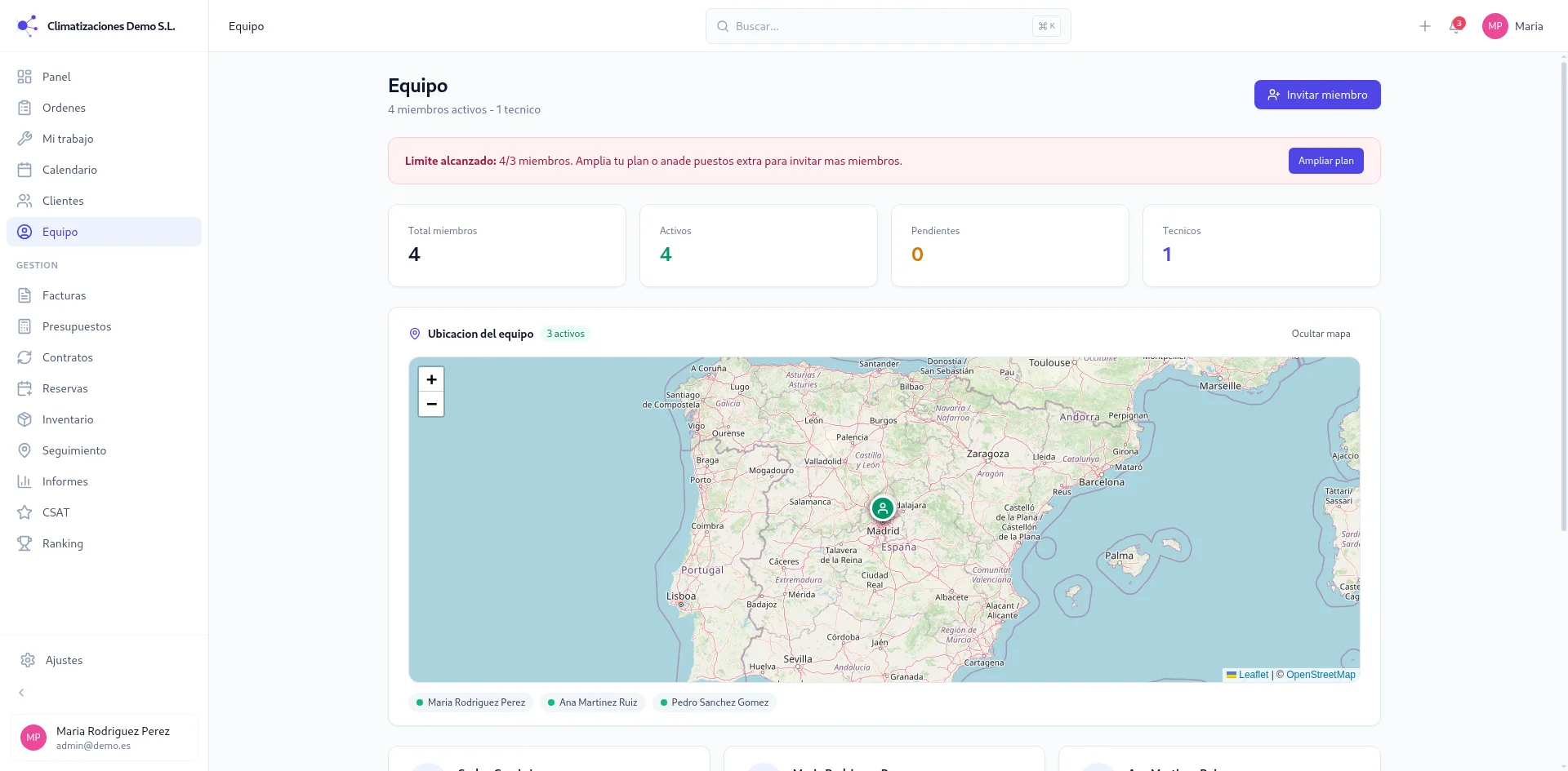 Mapa GPS del equipo en WorSaaS